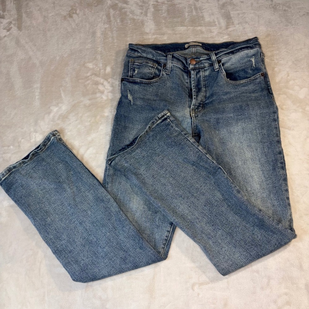 Oliver Logan Womens Distressed Straight Leg Button Fly Jeans Blue Size 29